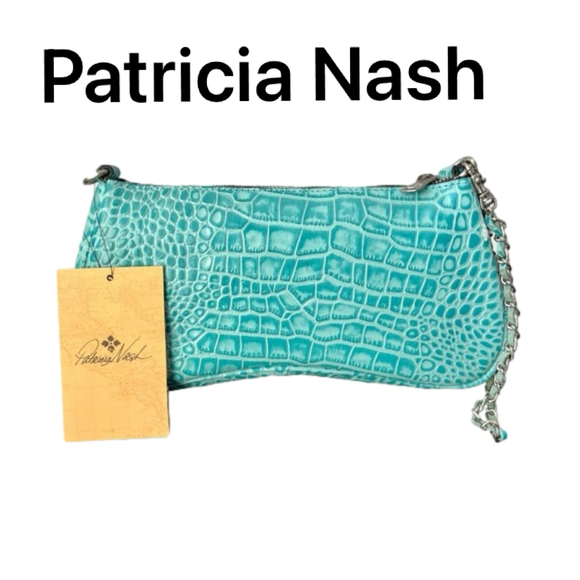 Patricia Nash Handbags - PATRICIA NASH Riley Croc Embossed Leather Baguette Crossbody in Blue Grass NWT